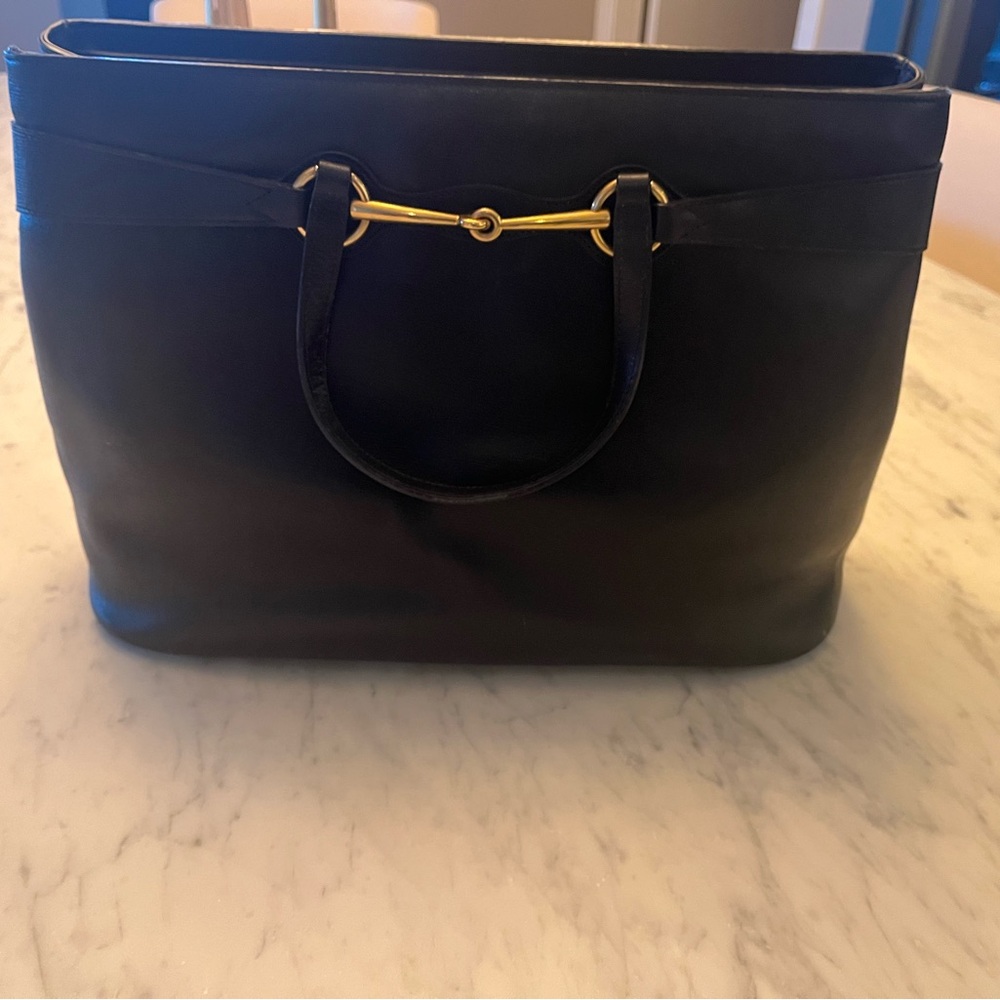 Authentic Black Tote Bag with Structured Shape and Gold Hardware
